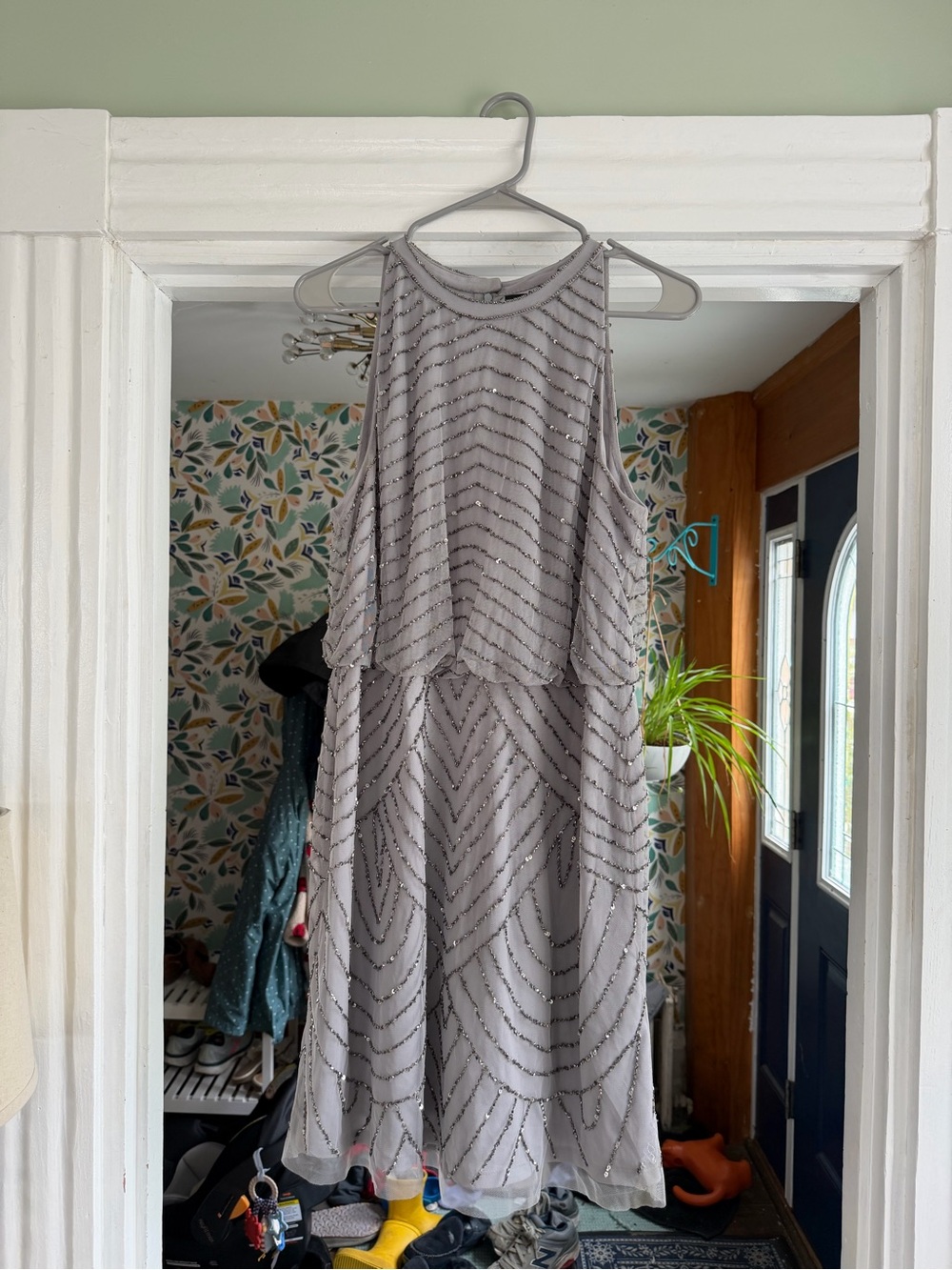 Adrianna Papell Silver Art Deco with Halter Neck